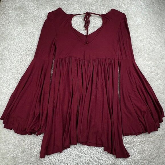 Free People Beach Burgundy V Neck Tie Back Tunic Mini Dress - Picture 1 of 7